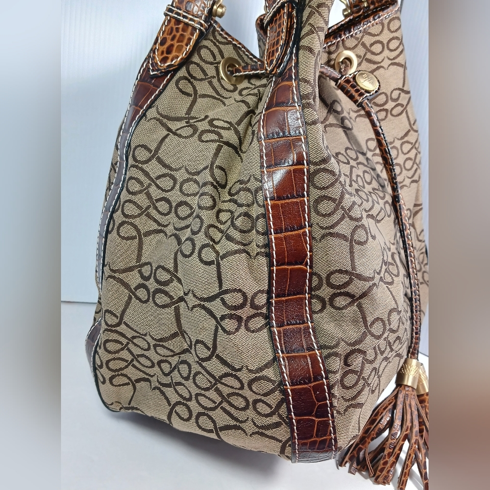Lancel Canvas Monogram / leather brown crocodile bucket handbag - Picture 5 of 13
